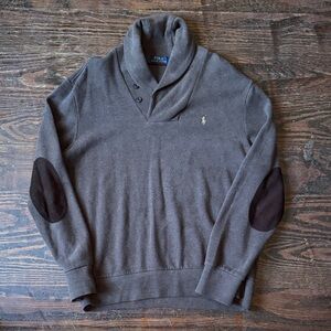 Vintage Polo Ralph Lauren Shawl Collar Brown Sweater Mens L Suede Long Sleeve